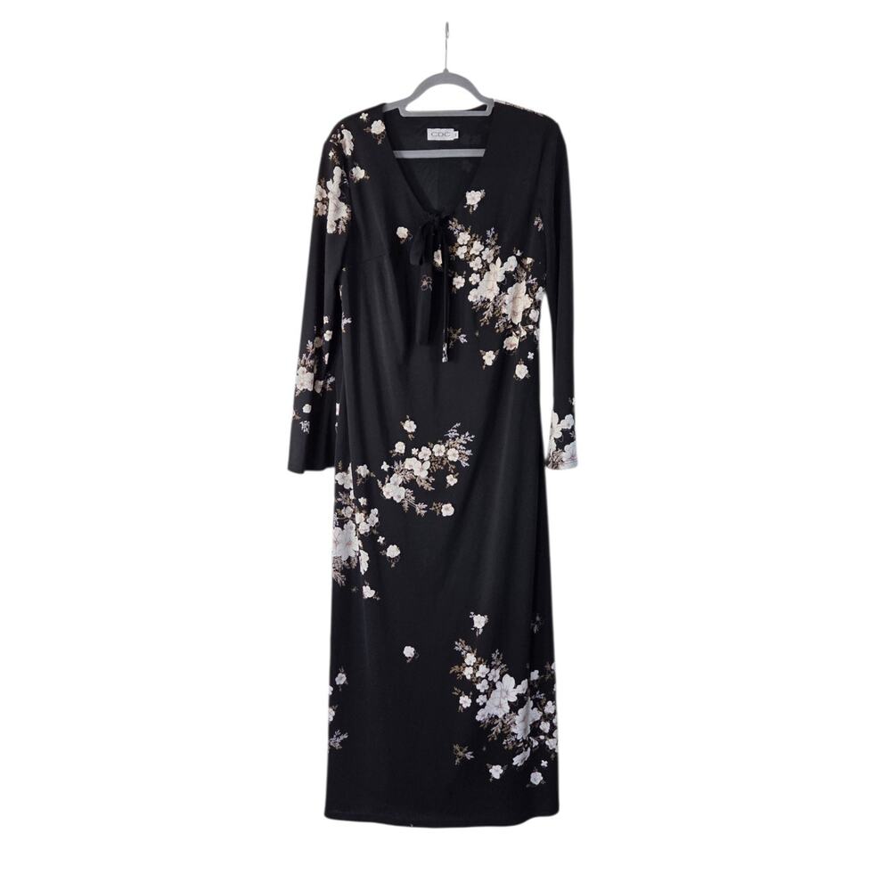 Vintage CDC Asian Floral Whimsigoth Dark Romantic Tie Neck Midi Dress, Size 10